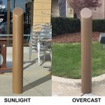 Comparing the Metallic Bronze Skyline Decorative Bollard Cover in the sunlight and in overcast.