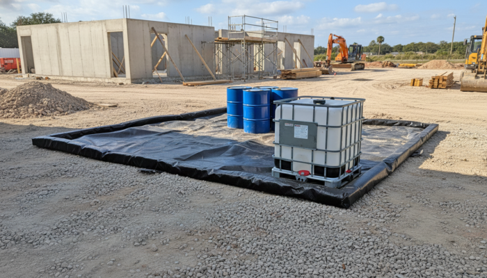 Construction site with drums and IBC