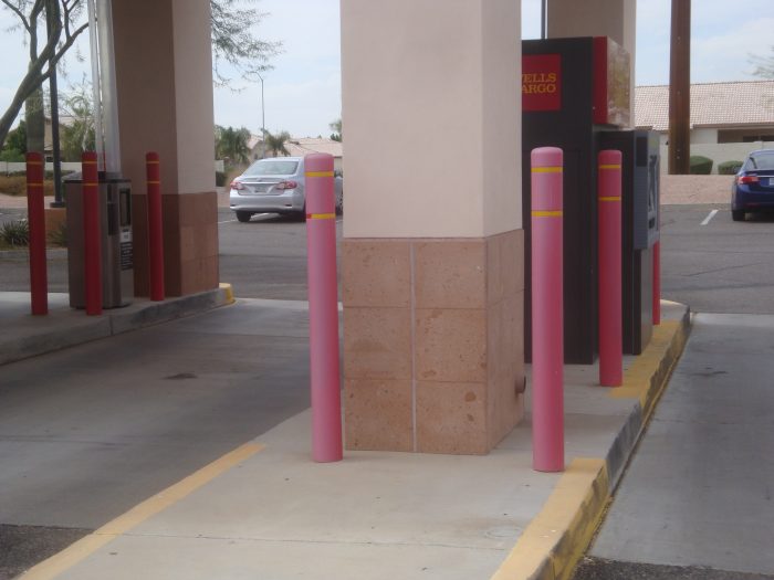 Faded competitor bollard covers. 